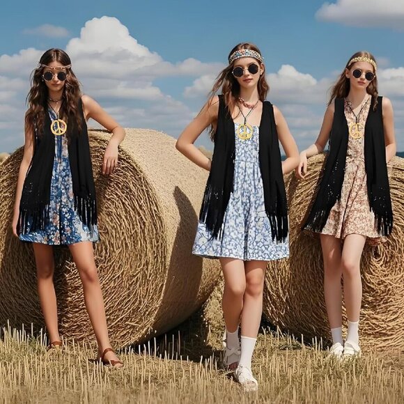 Women Hippie Costume Set 70s Boho Fringe Vest Accessories Halloween Costume main image 6